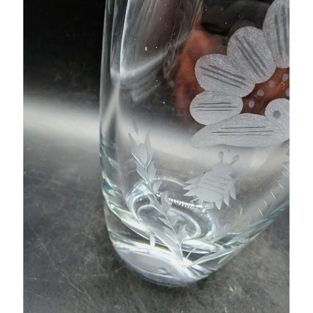 Orrefors Sweden Etched Crystal Vase Floral Bee Signed Scandinavian Art Glass